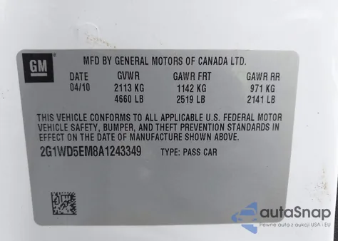 2010 Chevrolet Impala Police z USA, uszkodzony, nr VIN 2G1WD5EM8A1243349